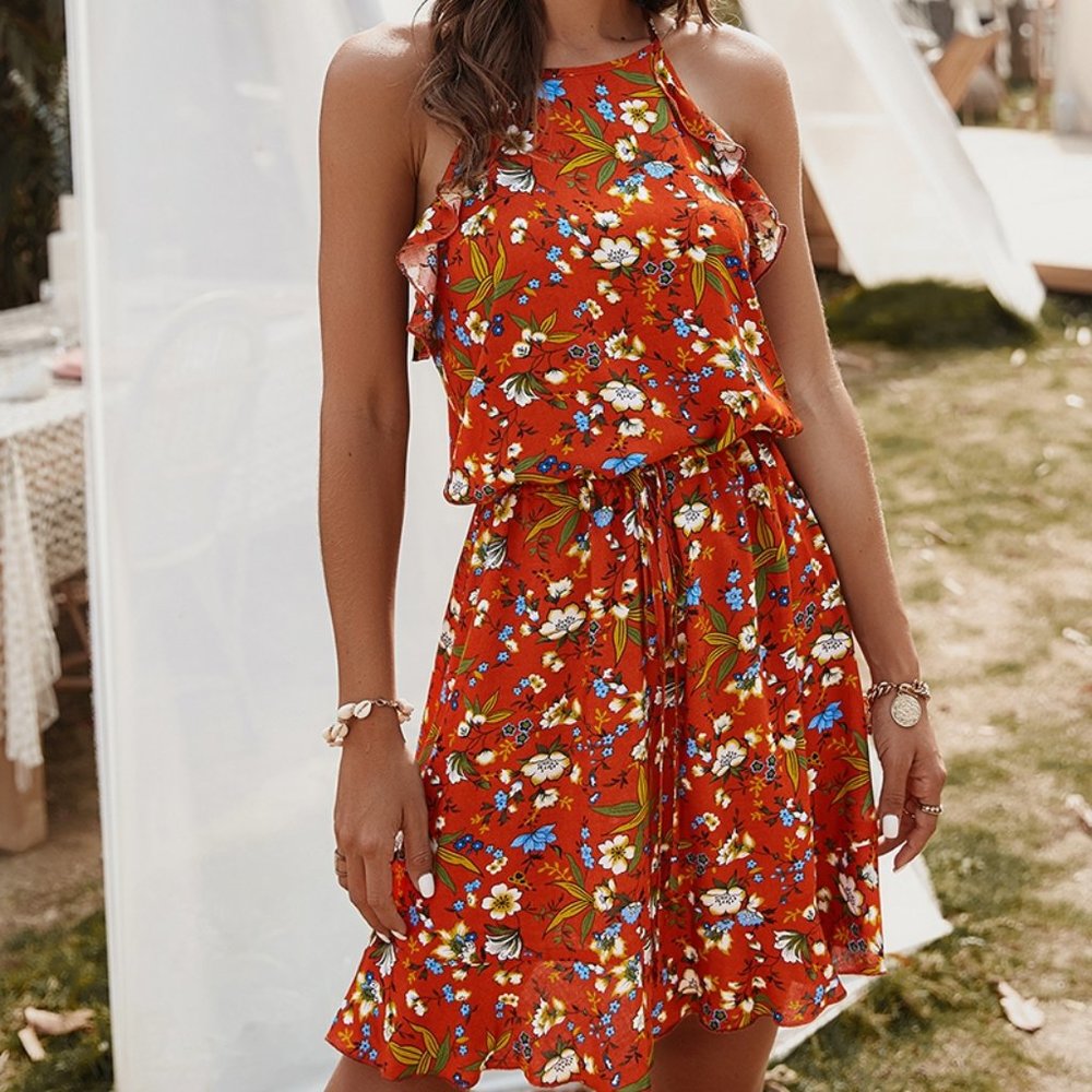 Red Floral Sleeveless Dress